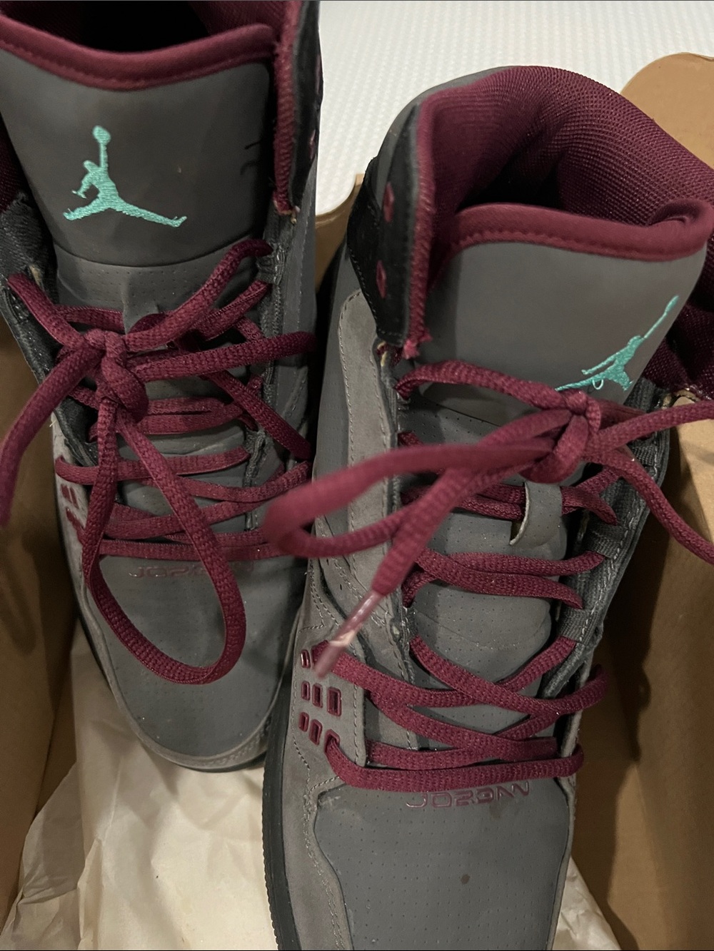 Jordan High-Top Sneakers in Gray with Burgundy and Teal Jumpman